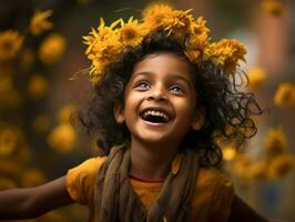 indisk unge i lekfull känslomässigt dynamisk utgör på höst bakgrund ai generativ foto