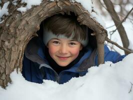 unge åtnjuter de vinter- snöig dag i lekfull utgör ai generativ foto