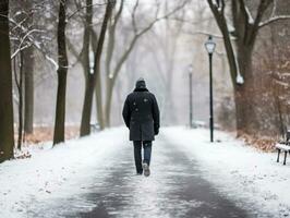 man åtnjuter en maklig promenad på en vinter- dag ai generativ foto