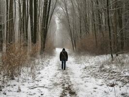 man åtnjuter en maklig promenad på en vinter- dag ai generativ foto