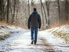 man åtnjuter en maklig promenad på en vinter- dag ai generativ foto