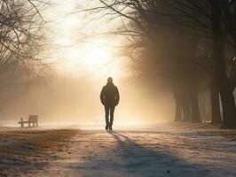 man åtnjuter en maklig promenad på en vinter- dag ai generativ foto