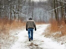 man åtnjuter en maklig promenad på en vinter- dag ai generativ foto