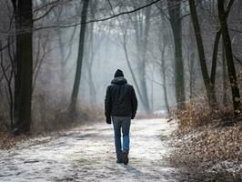 man åtnjuter en maklig promenad på en vinter- dag ai generativ foto