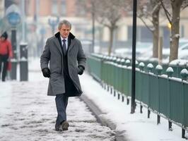 man åtnjuter en maklig promenad på en vinter- dag ai generativ foto