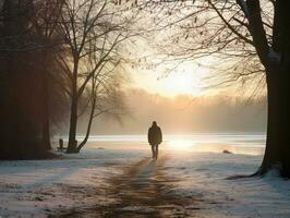 man åtnjuter en maklig promenad på en vinter- dag ai generativ foto