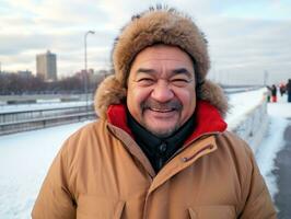 man åtnjuter en maklig promenad på en vinter- dag ai generativ foto