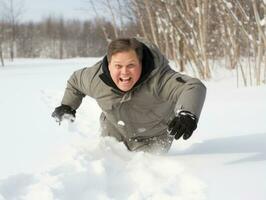 man åtnjuter de vinter- snöig dag i lekfull utgör ai generativ foto