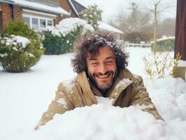 man åtnjuter de vinter- snöig dag i lekfull utgör ai generativ foto