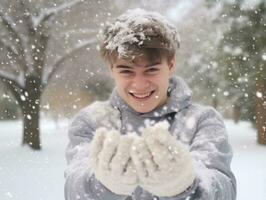 man åtnjuter de vinter- snöig dag i lekfull utgör ai generativ foto