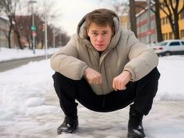 man åtnjuter de vinter- snöig dag i lekfull utgör ai generativ foto