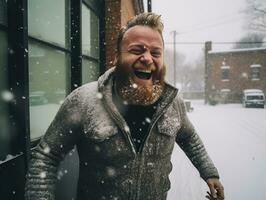 man åtnjuter de vinter- snöig dag i lekfull utgör ai generativ foto