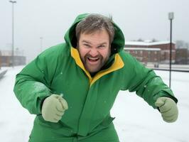 man åtnjuter de vinter- snöig dag i lekfull utgör ai generativ foto