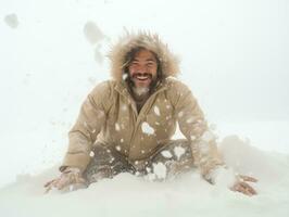 man åtnjuter de vinter- snöig dag i lekfull utgör ai generativ foto