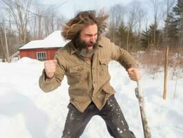 man åtnjuter de vinter- snöig dag i lekfull utgör ai generativ foto