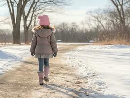 unge åtnjuter en maklig promenad i en vinter- dag ai generativ foto