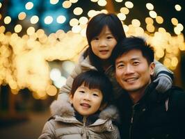 asiatisk familj åtnjuter fira jul eve tillsammans ai generativ foto