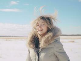 kvinna åtnjuter i de vinter- dag i emotionell lekfull utgör ai generativ foto