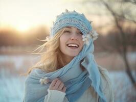kvinna åtnjuter i de vinter- dag i emotionell lekfull utgör ai generativ foto