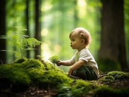 förtjusande bebis utforska de natur ai generativ foto