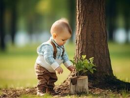 förtjusande bebis utforska de natur ai generativ foto