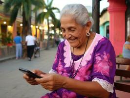 gammal kvinna från colombia använder sig av en smartphone för uppkopplad kommunikation ai generativ foto