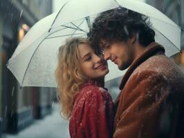 kärleksfull par är njuter en romantisk vinter- dag ai generativ foto