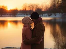 kärleksfull par är njuter en romantisk vinter- dag ai generativ foto