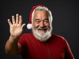 man klädd som santa claus i lekfull utgör på fast bakgrund ai generativ foto