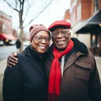 kärleksfull gammal interracial par är njuter en romantisk vinter- dag ai generativ foto