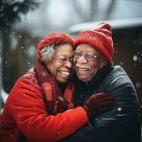 kärleksfull gammal interracial par är njuter en romantisk vinter- dag ai generativ foto