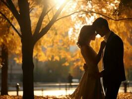 kärleksfull par är njuter en romantisk höst dag ai generativ foto