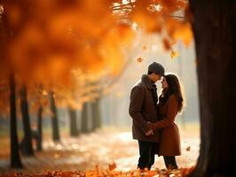 kärleksfull par är njuter en romantisk höst dag ai generativ foto