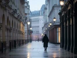 kvinna åtnjuter en maklig promenad i de hjärta av de stad ai generativ foto