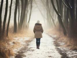 kvinna åtnjuter en maklig promenad i de vinter- dag ai generativ foto
