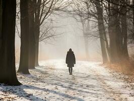 kvinna åtnjuter en maklig promenad i de vinter- dag ai generativ foto