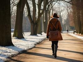 kvinna åtnjuter en maklig promenad i de vinter- dag ai generativ foto