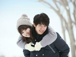 kärleksfull asiatisk par är njuter en romantisk vinter- dag ai generativ foto