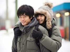 kärleksfull asiatisk par är njuter en romantisk vinter- dag ai generativ foto