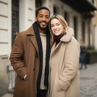 kärleksfull interracial par är njuter en romantisk vinter- dag ai generativ foto