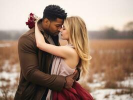 kärleksfull interracial par är njuter en romantisk vinter- dag ai generativ foto