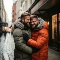 kärleksfull homosexuell par är njuter en romantisk vinter- dag ai generativ foto