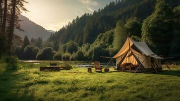 generativ ai, camping utomhus- begrepp nära de sjö eller flod, turist läger på de skön grön landskap med bergen foto