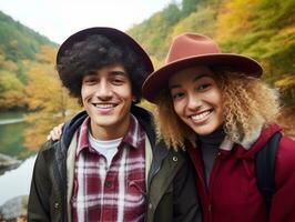 kärleksfull interracial par är njuter en romantisk höst dag ai generativ foto