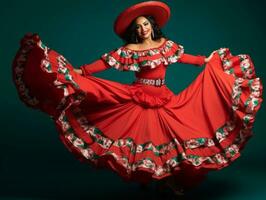 40 år gammal mexikansk kvinna i emotionell dynamisk utgör på fast bakgrund ai generativ foto