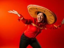 40 år gammal mexikansk kvinna i lekfull utgör på fast bakgrund ai generativ foto