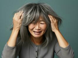 50 år gammal asiatisk kvinna i emotionell dynamisk utgör på fast bakgrund ai generativ foto