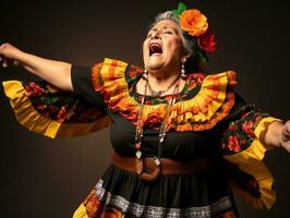 50 år gammal mexikansk kvinna i emotionell dynamisk utgör på fast bakgrund ai generativ foto