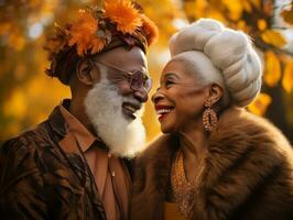 kärleksfull gammal afrikansk amerikan par är njuter en romantisk höst dag ai generativ foto