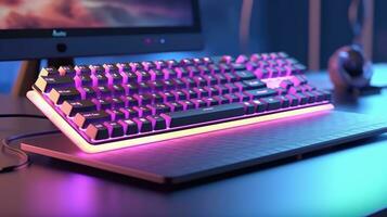 dator gaming tangentbord med neon lampor på en interiör gaming rum bakgrund foto